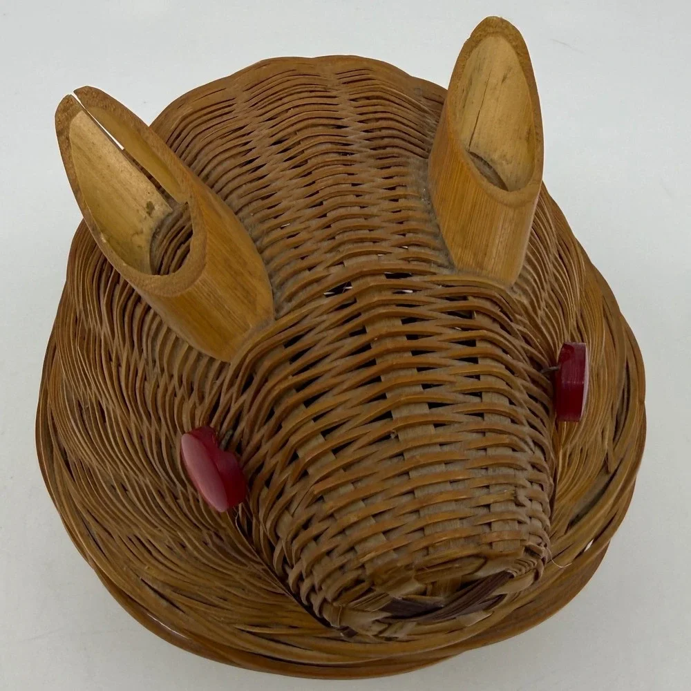 Vintage Woven Bamboo Bunny Rabbit Trinket Basket Brown Wicker Red Button Eyes